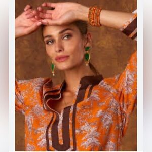 NicoBlu Capri Tunic Top in Whimsical Jungle Toile Cotton  in Coral Orange Size L